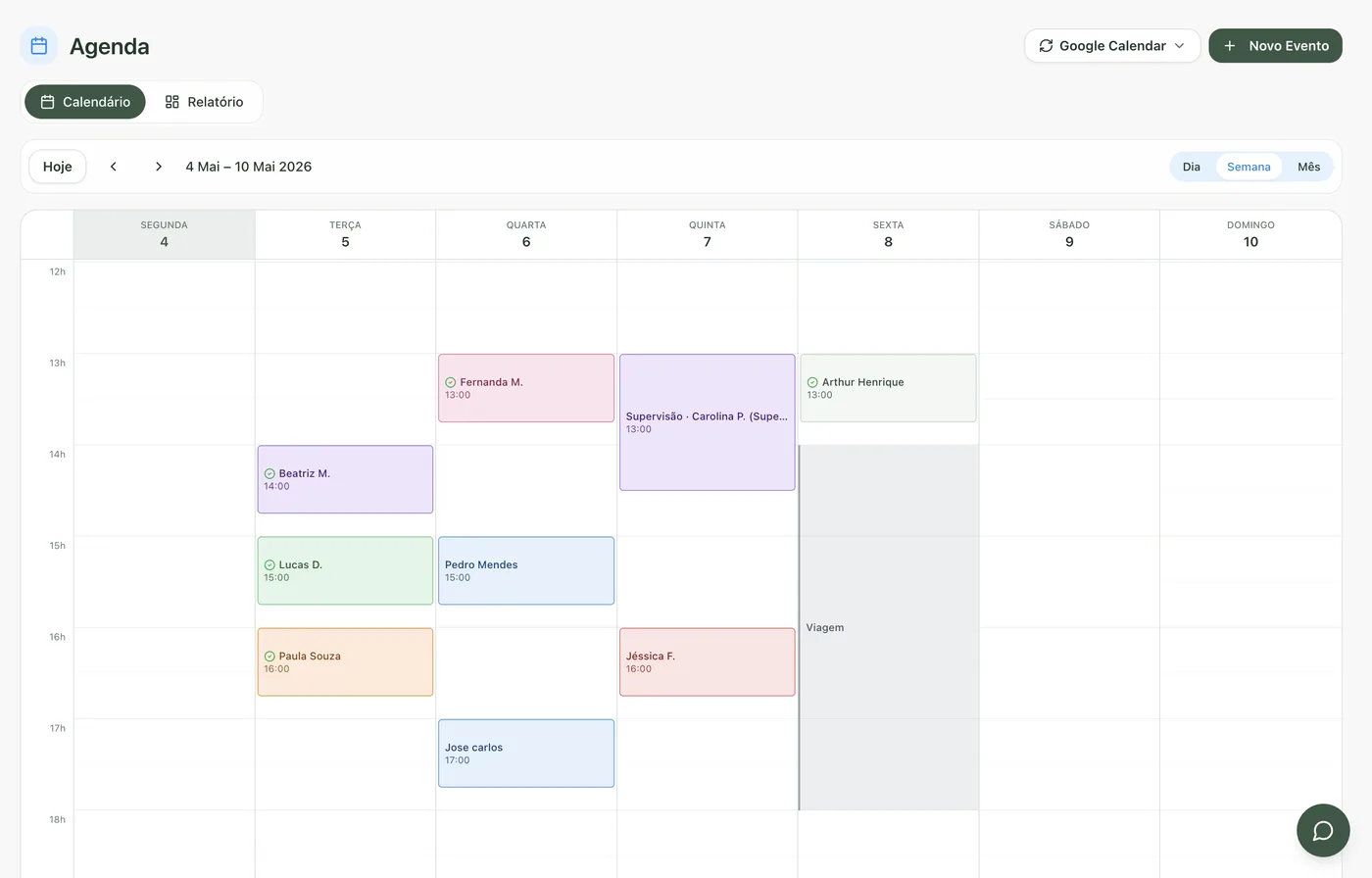 Agenda semanal da Clinvi sincronizada com Google