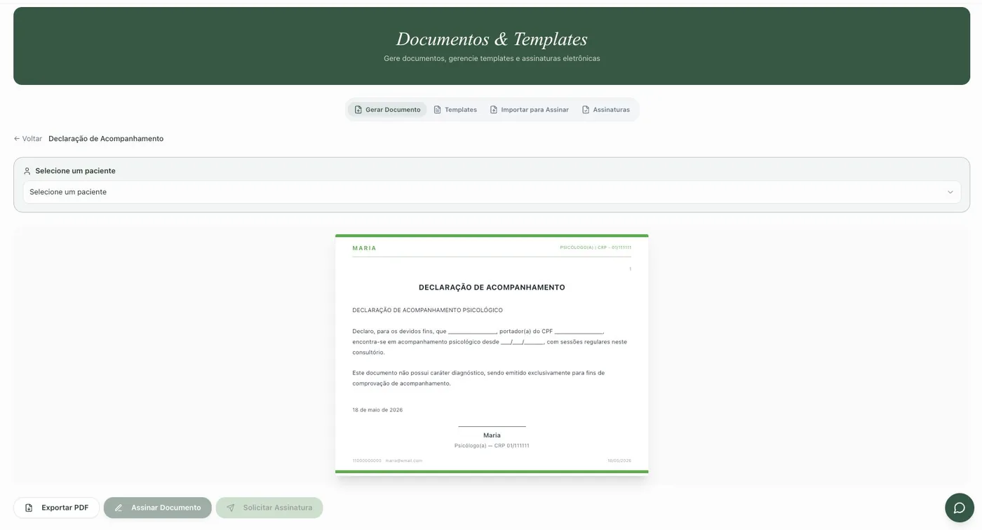 Documentos e templates — geração de contratos e atestados com assinatura eletrônica